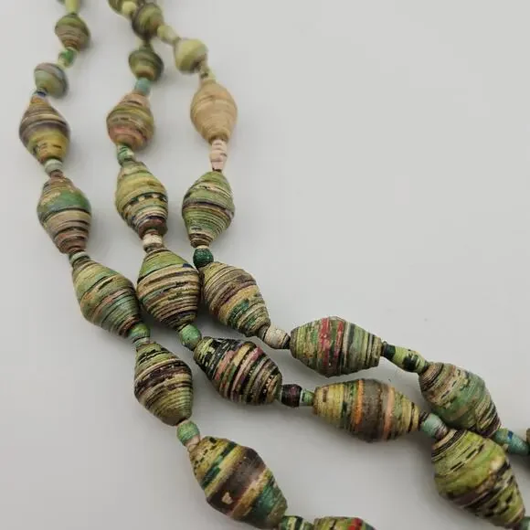 Multistrand Paper Beaded Necklace Green Chunky Artsy Boho Artesian Forest Nymph - Picture 2 of 6